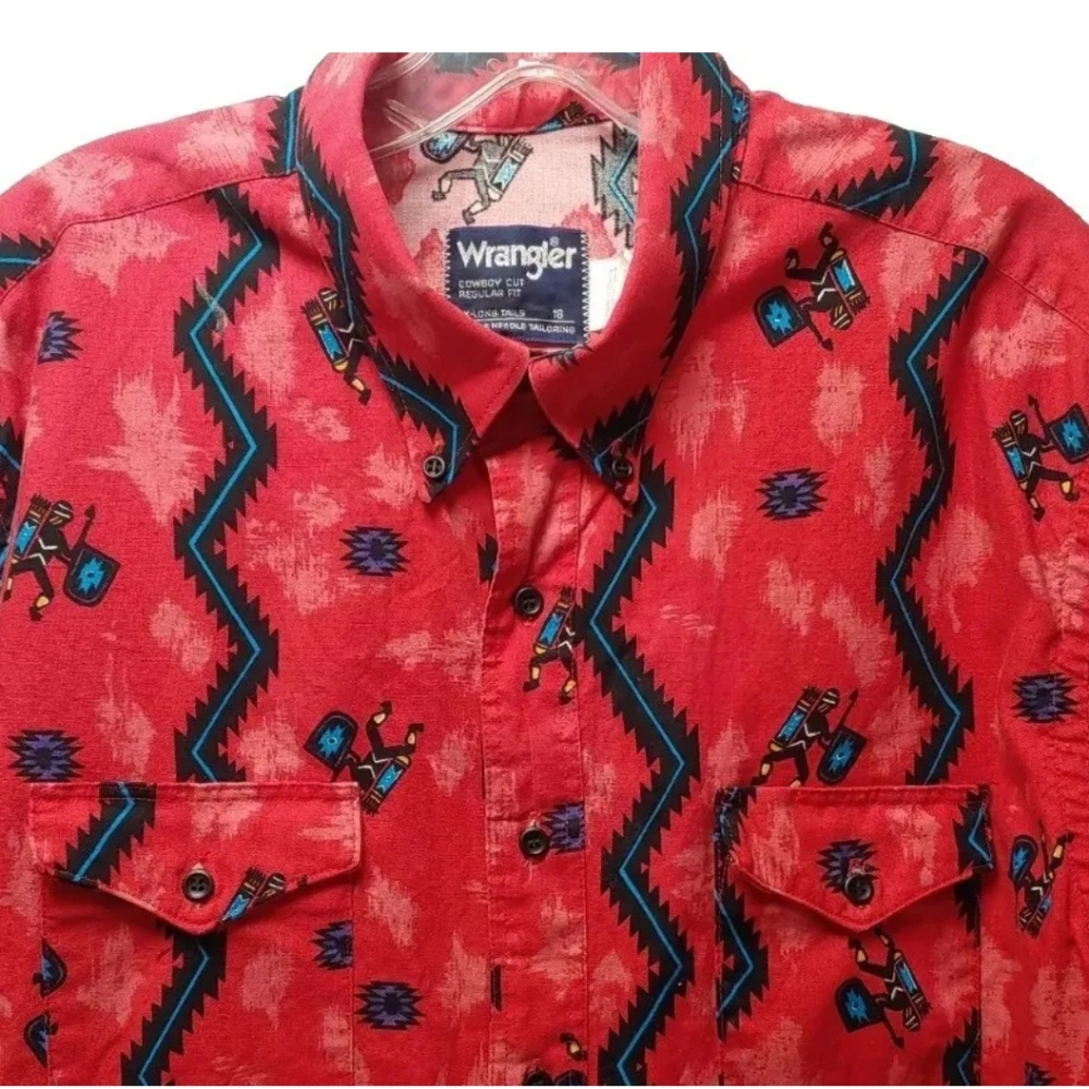 Wrangler Shirt Indian Aztec Western Made USA ButtonDown Cowboy Cut Men Sz 18
